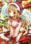  1girl angel_wings bag between_breasts blonde_hair blush boots breasts christmas_lights christmas_ornaments christmas_tree cleavage company_name handbag hat knee_boots large_breasts long_hair long_sleeves mohumohu-san red_hat santa_hat shinkai_no_valkyrie smile solo strap_cleavage sweater thigh-highs white_legwear wings yellow_eyes 