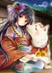  1girl animal black_hair blush company_name dog eyebrows_visible_through_hair flower hair_flower hair_ornament jewelry long_hair looking_at_viewer mohumohu-san moon necklace night night_sky outdoors petting ponytail shinkai_no_valkyrie sitting sky smile yellow_eyes 