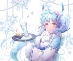  1girl blue_bow blue_eyes blue_hair blush bow cup drinking_glass drinking_straw eyebrows_visible_through_hair finger_to_mouth hair_bow hatsune_miku holding holding_tray long_hair looking_at_viewer open_mouth ozzingo pink_bow snowflakes solo tray vocaloid 