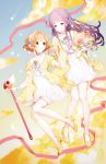  2girls :d antenna_hair bangs bare_legs bloomers blue_ribbon blunt_bangs bouquet brown_hair card_captor_sakura choker clouds crescent_moon daidouji_tomoyo dress flower friends full_body fuuin_no_tsue gradient_sky hair_ribbon hairband happy interlocked_fingers kinomoto_sakura long_hair moon multiple_girls open_mouth pink_flower pink_ribbon pink_rose pleated_dress purple_hair ribbon rose short_dress short_hair sky smile underwear wand white_dress wrist_cuffs yellow_footwear yoonmi 