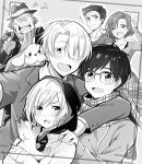  1girl 5boys :d ;d anger_vein big_cat_shan blush cat dog georgi_popovich glasses hand_on_another&#039;s_shoulder hat hood hoodie katsuki_yuuri makkachin mila_babicheva monochrome multiple_boys one_eye_closed open_mouth puma_tiger_scorpion scarf self_shot smile v viktor_nikiforov yakov_feltsman yuri!!!_on_ice yuri_plisetsky 