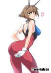  10s 1girl armlet ass bangs bodysuit brown_eyes brown_hair closed_mouth cowboy_shot cutie_honey cutie_honey_(character) cutie_honey_(cosplay) from_behind gloves green_eyes harukon_(halcon) headgear heart highres kantai_collection looking_at_viewer looking_back mutsu_(kantai_collection) purple_bodysuit short_hair simple_background sleeveless smile solo standing white_background white_gloves 