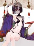  1girl alcohol arm_up armor bangs blunt_bangs breasts breasts_apart choker closed_mouth cowboy_shot cup detached_sleeves eyebrows eyebrows_visible_through_hair eyeshadow fate/grand_order fate_(series) gem headpiece holding horns jewelry judy6241 knees_together_feet_apart long_sleeves makeup mascara navel oni pink_lips purple_hair revealing_clothes sakazuki sake sapphire_(stone) short_hair shuten_douji_(fate/grand_order) simple_background sitting small_breasts smile solo stomach thick_eyebrows violet_eyes wide_sleeves 