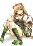  1girl :p bare_shoulders breasts brown_hair cleavage collarbone dog_tags double_bun full_body girls_frontline green_eyes highres jacket long_hair looking_at_viewer medium_breasts omone_chou rfb_(girls_frontline) shirt sitting smile solo tongue tongue_out v 