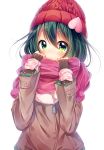  1girl black_gloves blush brown_coat coat eyebrows_visible_through_hair fingerless_gloves gloves green_eyes green_hair hat heart looking_at_viewer ntk_(7t5) pink_scarf red_hat scarf solo tokyo_7th_sisters upper_body winter_clothes winter_coat zipper_pull_tab 
