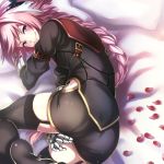  1boy blush braid fang fate/apocrypha fate_(series) garter_straps hair_ribbon highres hip_vent long_hair looking_at_viewer ohara_hiroki otoko_no_ko pink_hair ribbon rider_of_black single_braid smile solo thigh-highs trap violet_eyes 