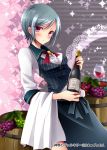  1girl barrel blush bottle company_name cup drinking_glass eyebrows_visible_through_hair food fruit grapes grey_hair holding holding_bottle long_sleeves looking_at_viewer mohumohu-san shinkai_no_valkyrie short_hair solo violet_eyes wine_bottle wine_glass 