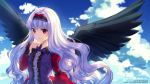  1girl black_wings blue_sky breasts commentary dress feathered_wings frilled_dress frilled_sleeves frills hairband lavender_hair long_hair looking_at_viewer red_eyes rosuuri serment_-contract_with_a_devil sky small_breasts smile solo very_long_hair wings 