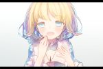  1girl bangs blonde_hair blue_eyes character_request copyright_request eyebrows_visible_through_hair frills hand_up letterboxed looking_at_viewer munuko open_mouth smile solo upper_body 