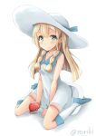  1girl absurdres artist_name bangs bare_shoulders blonde_hair blue_ribbon blue_shoes blunt_bangs blush braid breasts closed_mouth collarbone collared_dress commentary_request dress green_eyes hat hat_ribbon highres holding holding_poke_ball honorikiti kneehighs lillie_(pokemon) long_hair poke_ball pokemon pokemon_(game) pokemon_sm ribbon see-through shadow shoes simple_background sitting sleeveless sleeveless_dress small_breasts smile sun_hat sundress twin_braids wariza white_background white_dress white_hat white_legwear 