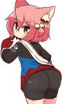  1girl 7th_dragon 7th_dragon_(series) :&lt; animal_ears ass blush cat_ears chibi gloves green_eyes hair_bobbles hair_ornament naga_u pink_hair red_gloves short_hair solo 