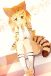 1girl ancolatte_(onikuanco) animal_ears blonde_hair bow bowtie cat_ears cat_tail elbow_gloves eyebrows_visible_through_hair gloves green_eyes hands_on_own_face highres kemono_friends kneehighs looking_at_viewer orange_bow orange_bowtie parted_lips sand_cat_(kemono_friends) short_hair sitting solo tail white_gloves white_legwear