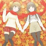  2girls autumn_leaves bangs black_legwear blush brown_eyes leaf long_hair looking_at_another lying maple_leaf multiple_girls on_back open_mouth original pantyhose red_scarf ribbon scarf short_hair skirt smile sweater thigh-highs tsuke_(maholabo) yellow_eyes yuri 