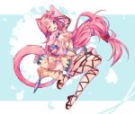  1girl ;) animal_ears blue_eyes bow breasts cat_ears cat_tail dress full_body hair_bow hyanna-natsu jewelry large_breasts leg_ribbon long_hair low-tied_long_hair one_eye_closed original pink pink_dress pink_hair red_bow ribbon ring salute scarf smile solo tail toes very_long_hair whisker_markings 