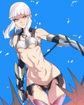  1girl ass_visible_through_thighs ban bare_shoulders berserker_of_el_dorado blue_background breasts chains closed_mouth dutch_angle elbow_gloves fate/grand_order fate_(series) gauntlets gloves highres looking_at_viewer medium_breasts navel penthesilea_(fate/grand_order) revealing_clothes short_hair short_hair_with_long_locks silver_hair solo thigh-highs thigh_gap yellow_eyes 