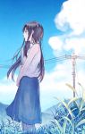  1girl absurdres bandaid bandaid_on_knee bangs bare_shoulders black_hair blue_eyes blue_sky blush clouds commentary_request day grass highres holding long_hair mountain notebook original outdoors power_lines shirt shouichi skirt sky sleeveless sleeveless_shirt solo standing 