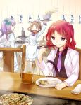  3girls alcohol apron beer blue_hair brown_hair chair chopsticks glass grill hairband happy highres horikawa_raiko jacket makuwauri multiple_girls necktie one_eye_closed redhead restaurant ribbon shop sitting spill spilling touhou tsukumo_benben tsukumo_yatsuhashi waitress 