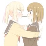  2girls blonde_hair blush brown_eyes brown_hair ear_blush eyebrows_visible_through_hair food multiple_girls open_mouth original pocky school_uniform short_hair simple_background sweat tsuke_(maholabo) wall_slam white_background yuri 