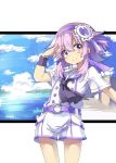  1girl alternate_costume belt hair_ornament looking_at_viewer neptune_(choujigen_game_neptune) neptune_(series) nomalandnomal ocean one_eye_closed purple_hair ribbon short_hair sky solo violet_eyes 