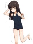  &gt;:( 1girl a1 barefoot blue_eyes blush brown_hair child closed_mouth collarbone flat_chest girls_und_panzer head_tilt holding leg_up long_hair looking_at_viewer motion_lines nishizumi_shiho one_eye_closed school_swimsuit solo swim_cap swimsuit wet white_background younger 