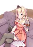  10s 1girl alcohol alternate_costume bad_hands black_legwear blonde_hair blue_eyes braid couch crown cup dress drinking_glass french_braid highres jewelry jiao_(assppp655) kantai_collection legs_crossed mini_crown necklace off-shoulder_dress off_shoulder red_dress sitting solo thigh-highs warspite_(kantai_collection) wine wine_glass 