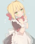  1girl ahoge apron bangs blush bow bowtie braid cowboy_shot fate/extra fate_(series) french_braid frilled_apron frills hair_bow hair_intakes hands_up heart looking_at_viewer maid munuko parted_lips red_bow red_bowtie saber_extra sidelocks solo wrist_cuffs 