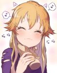  1girl blonde_hair blush closed_eyes commentary_request idolmaster idolmaster_cinderella_girls long_hair multicolored_hair musical_note ninomiya_asuka orange_hair purple_shirt rerere shirt solo touching_another&#039;s_chin two-tone_hair 