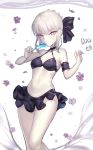  1girl bare_shoulders black_bow black_ribbon bow breasts cleavage eyebrows_visible_through_hair fate/stay_night fate_(series) food hair_bow highres looking_at_viewer medium_breasts navel popsicle ribbon saber saber_alter short_hair solo ttaji_(pass35) white_hair white_skin yellow_eyes 