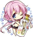  1girl bikini bikini_skirt blue_eyes bottle chibi finger_to_mouth komowata_haruka koto-channel kotoha_(koto_channel) long_hair one_eye_closed pink_hair smile solo swimsuit twintails 