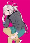  10s 1girl ahoge alternate_costume asashimo_(kantai_collection) brown_eyes casual gray_jacket green_shorts hair_over_one_eye jacket kantai_collection long_hair ojipon pink_background ponytail shoes shorts silver_hair simple_background sitting sneakers solo yellow_legwear 