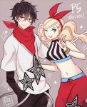  1boy 1girl alternate_costume blonde_hair blue_eyes blush bow bracelet dinikee earrings glasses hair_bow hair_ornament hairclip hand_in_pocket jewelry kurusu_akira looking_at_viewer midriff navel one_eye_closed open_mouth persona persona_5 scarf star star_earrings takamaki_anne twintails v 