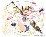  1girl barefoot blush character_request copyright_request denim denim_shorts eyebrows_visible_through_hair flip-flops full_body goggles goggles_on_head holding holding_sword holding_weapon long_hair looking_at_viewer navel open_mouth pink_hair sandals shorts smile solo sword water weapon yellow_eyes yunkel_(zeijaku_mental) 