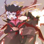  1girl ahoge bare_shoulders black_gloves black_legwear blush breasts cleavage condensation_trail elbow_gloves flying full_body gloves hakuu_kanaka headgear highres ignite_module large_breasts leotard long_hair missile open_mouth senki_zesshou_symphogear shiny shiny_clothes shiny_hair shiny_skin silver_hair solo sparks squatting teeth thigh-highs twintails twitter_username very_long_hair violet_eyes yukine_chris 