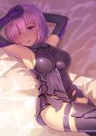  1girl absurdres armor armored_dress armpits arms_up bed_sheet black_legwear breasts commentary_request elbow_gloves eyes_visible_through_hair fate/grand_order fate_(series) glasses gloves hair_over_one_eye highres kibamigohann large_breasts looking_at_viewer lying on_back purple_hair purple_legwear shielder_(fate/grand_order) short_hair thigh_strap thighs violet_eyes 