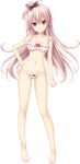  1girl :o ass_visible_through_thighs barefoot bikini blush bow breasts choco_chip cleavage ero_zemi food_print frilled_bikini frills full_body hair_bow hand_on_hip highres long_hair medium_breasts nagaoka_satomi_(ero_zemi) navel official_art one_side_up pink_hair red_eyes solo strawberry_print swimsuit transparent_background 