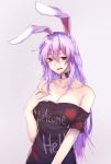  1girl animal_ears bare_shoulders black_shoes bow breasts cleavage clothes_writing collar collarbone cosplay hair_bow hecatia_lapislazuli hecatia_lapislazuli_(cosplay) kagaribino large_breasts long_hair looking_at_viewer off-shoulder_shirt purple_hair rabbit_ears red_eyes reisen_udongein_inaba shirt shoes simple_background solo t-shirt touhou upper_body very_long_hair 