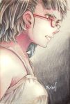  10s 1girl brown_eyes brown_hair clenched_teeth eyelashes glasses gradient gradient_background highres kantai_collection millipen_(medium) portrait profile roma_(kantai_collection) serious short_hair signature solo teeth tesun_(g_noh) traditional_media watercolor_pencil_(medium) 