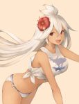  1girl :d beige_background bikini bikini_bottom breasts cowboy_shot cowlick crop_top dark_skin flower granblue_fantasy hair_between_eyes hibiscus highres koretsuki_aduma large_breasts leaning_forward long_hair looking_at_viewer navel open_mouth red_eyes shirt side-tie_bikini simple_background sleeveless sleeveless_shirt smile solo swimsuit tied_shirt very_long_hair white_bikini white_bikini_bottom white_shirt 