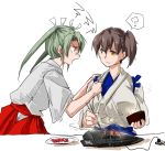  10s 2girls angry brown_hair chopsticks cooking food gmgt_(gggggg3) green_eyes green_hair hair_ribbon japanese_clothes kaga_(kantai_collection) kantai_collection long_hair multiple_girls ribbon rice short_hair side_ponytail twintails white_ribbon yellow_eyes zuikaku_(kantai_collection) 