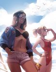 2girls baywatch bikini black_bikini blonde_hair blue_sky breasts can casual cleavage commentary competition_swimsuit covered_navel dark_skin eye_of_horus grin hair_tubes hand_in_pocket hand_on_hip jacket medium_breasts mercy_(overwatch) mike_nesbitt multiple_girls navel one-piece_swimsuit opaque_glasses open_clothes open_jacket overwatch pharah_(overwatch) ponytail red_swimsuit shorts sky smile soda_can summer sunglasses swimsuit watch watch 