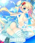  1girl aqua_eyes beach blonde_hair blue_bow bow bra cocktail cocktail_glass cup drinking_glass flower hibiscus high_heels holding holding_tray lace long_hair mikeou ocean original palm_tree pink_bow plumeria shoes skirt sleeveless straw striped striped_legwear sunlight thigh-highs tray tree tropical_drink twintails underwear water 