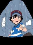  1boy baseball_cap black_hair bright_pupils brown_eyes djmn_c hat male_focus pokemon pokemon_(anime) pokemon_sm_(anime) pov satoshi_(pokemon) shirt short_hair sitting solo striped striped_shirt sweat t-shirt tree z-ring 