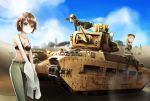  3girls belt black_bra blonde_hair bra brown_hair clouds day desert green_eyes ground_vehicle matilda_(tank) military military_vehicle motor_vehicle multiple_girls original shirt shirt_removed sky tank tukiyofree underwear 