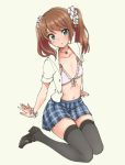  1boy black_legwear bra brown_hair choker crossdressinging eyebrows_visible_through_hair flat_chest full_body green_eyes heart_choker idolmaster idolmaster_side-m long_hair looking_at_viewer male_focus mary_janes mizushima_saki pas_(paxiti) plaid plaid_skirt pleated_skirt school_uniform scrunchie shoes sitting skirt solo thigh-highs trap twintails unbuttoned unbuttoned_shirt underwear wariza zettai_ryouiki 