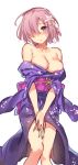 1girl bare_shoulders blush breasts cleavage collarbone disheveled fate/grand_order fate_(series) flower hair_flower hair_ornament japanese_clothes kimono large_breasts lavender_hair looking_at_viewer shielder_(fate/grand_order) short_hair solo violet_eyes yukata yuran_(cozyquilt) 