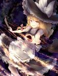  1girl :d apron black_hole_(space) blonde_hair blush braid broom broom_riding commentary dress hat kirisame_marisa long_hair messy_hair minust open_mouth pointing pointing_at_viewer reversed side_braid single_braid smile solo touhou waist_apron wavy_hair witch_hat yellow_eyes 