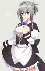  1girl alternate_costume apron artist_logo bangs black_dress black_ribbon blue_eyes bow breasts center_frills character_request closed_mouth collared_dress commentary_request cowboy_shot dress enmaided expressionless eyebrows_visible_through_hair frilled_dress frills grey_background grey_hair hair_between_eyes hair_bow hair_intakes hair_ribbon hand_up highres juliet_sleeves long_sleeves looking_away looking_down mahcdai maid medium_breasts neck_ribbon original puffy_sleeves purple_bow purple_ribbon ribbon shiny shiny_hair short_dress short_hair_with_long_locks simple_background skirt_hold solo tress_ribbon underbust waist_apron white_apron wing_collar 