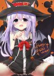  1girl animal_ears bat_wings black_dress black_legwear blue_hair blush cat_ears cat_tail dress gochuumon_wa_usagi_desu_ka? hair_ornament hairclip halloween halloween_costume hat highres kafuu_chino kouda_suzu long_hair open_mouth sitting smile solo spread_legs tail thigh-highs violet_eyes wings witch_hat 