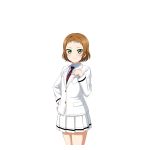  1girl artist_request bangs blazer blush brown_hair green_eyes hand_on_hip hand_on_own_chest jacket kira_tsubasa looking_at_viewer love_live! love_live!_school_idol_festival love_live!_school_idol_project necktie official_art pleated_skirt school_uniform short_hair skirt smile solo striped striped_necktie uniform utx_school_uniform 