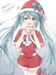  1girl :d akira_(been0328) aqua_eyes aqua_hair blush capelet christmas gradient gradient_background grey_background hat hatsune_miku highres long_hair looking_at_viewer merry_christmas open_mouth red_hat santa_costume santa_hat smile solo star twintails very_long_hair vocaloid white_background 